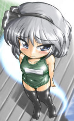 Rule 34 | 1girl, black thighhighs, blue eyes, blush, female focus, ghost, green one-piece swimsuit, hairband, konpaku youmu, konpaku youmu (ghost), one-piece swimsuit, school swimsuit, short hair, silver hair, solo, swimsuit, thighhighs, touhou, winn