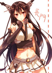 Rule 34 | 10s, 1girl, bare shoulders, black hair, blush, breasts, elbow gloves, fingerless gloves, gloves, hair ornament, hairband, headgear, kantai collection, large breasts, long hair, midriff, nagato (kancolle), navel, open mouth, personification, red eyes, skirt, solo, thighhighs, toosaka asagi