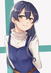 Rule 34 | 1girl, arms behind back, blue hair, blush, closed mouth, commentary request, hair between eyes, highres, jewelry, long hair, long sleeves, looking at viewer, love live!, love live! school idol festival, love live! school idol project, necklace, simple background, smile, solo, sonoda umi, turtleneck, yellow eyes, zunda mochi (zundamochilala)