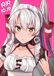Rule 34 | 1girl, alternate costume, amatsukaze (kancolle), choker, dated, hair tubes, kantai collection, long hair, looking at viewer, maid, maid headdress, pink background, silver hair, simple background, solo, squiggle, tray, twitter username, two side up, upper body, waitress, wrist cuffs, yunamaro