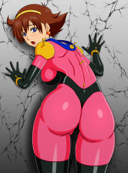 Rule 34 | 1girl, against wall, ass, blue eyes, blush, bodysuit, breasts, brown hair, earrings, female focus, from behind, g gundam, gloves, gradient background, gundam, hairband, highres, huge ass, jewelry, large breasts, looking at viewer, looking back, makani kohitujito, mobile trace suit, open mouth, rain mikamura, shiny clothes, short hair, sideboob, solo, turning head