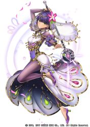 1girl arabian_clothes bodysuit breasts copyright_notice covered_navel dark-skinned_female dark_skin flower green_eyes grimms_notes hair_flower hair_ornament jewelry official_art outstretched_arm princess_badour_(grimms_notes) purple_hair skirt solo t-track teeth veil white_background