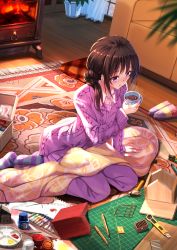 Rule 34 | 10s, 1girl, alternate costume, alternate hairstyle, aran sweater, arm support, bandaid, bandaid on hand, blanket, blowing, blurry, blush, bottle, box, boxcutter, brown hair, cable knit, carpet, chalkboard, coffee, couch, cup, curtains, drink, eyebrows, fire, fireplace, floral print, fringe trim, from above, hair bun, hammer, highres, holding, holding cup, iki hiyori, indoors, ink bottle, knife, long hair, long sleeves, marker, no shoes, noragami, on floor, paint, paint tube, paintbrush, palette (object), pants, paper, pen, plaid, plant, potted plant, purple eyes, purple pants, rug, ruler, shirt, shoes, single hair bun, sitting, slippers, snowing, socks, solo, stationery, steam, striped clothes, striped socks, sweater, swordsouls, tassel, unworn shoes, white shirt, window, wing collar, wooden floor, yokozuwari
