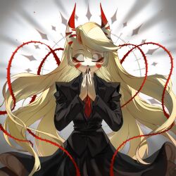Rule 34 | 1girl, alternate costume, black jacket, blonde hair, charlie morningstar, closed eyes, commentary, english commentary, hazbin hotel, highres, horns, jacket, long hair, necktie, own hands together, red necktie, solo, xixixixi1037