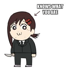 Rule 34 | 1girl, :3, absurdres, black jacket, black necktie, black pants, brown eyes, brown hair, chainsaw man, collared shirt, formal, hair ornament, hairclip, higashiyama kobeni, highres, holding, holding knife, jacket, knife, looking at viewer, medium hair, mole, mole under mouth, necktie, pants, poptepipic, shirt, shirt tucked in, short ponytail, simple background, single sidelock, solo, suit, suit jacket, swept bangs, white background, white shirt, xyanaid