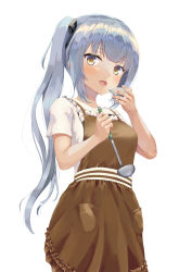 Rule 34 | 1girl, apron, blush, brown apron, grey hair, highres, holding, holding ladle, kantai collection, kasumi (kancolle), ladle, long hair, ochikata kage, open mouth, shirt, short sleeves, side ponytail, simple background, smile, solo, white background, white shirt, yellow eyes