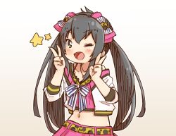 Rule 34 | 1girl, ;d, animal print, black hair, blush, bow, brown background, brown eyes, camisole, commentary request, crop top, double v, gradient background, hair between eyes, hair bow, hands up, highres, idolmaster, idolmaster cinderella girls, idolmaster cinderella girls starlight stage, jacket, leopard print, long hair, long sleeves, looking at viewer, matoba risa, navel, one eye closed, open clothes, open jacket, open mouth, pink bow, pink camisole, pink skirt, puffy long sleeves, puffy sleeves, skirt, smile, solo, star (symbol), striped, striped bow, twintails, v, very long hair, white background, white jacket, yukie (kusaka shi)