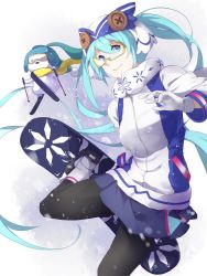 Rule 34 | 1girl, aqua hair, bad id, bad twitter id, black pantyhose, blue eyes, blue hair, boots, buttons, closed mouth, commentary, earmuffs, english commentary, gloves, goggles, hatsune miku, headgear, long hair, long sleeves, looking at viewer, lynus, mittens, pantyhose, rabbit, scarf, skirt, smile, snow, snowboard, twintails, very long hair, vocaloid, white gloves, yuki miku