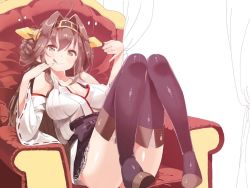 Rule 34 | 10s, 1girl, black thighhighs, breasts, brown eyes, brown hair, chair, cleavage, collarbone, detached sleeves, hair ornament, japanese clothes, kantai collection, kongou (kancolle), miko, mx2j, nontraditional miko, sitting, smile, solo, thighhighs, tongue