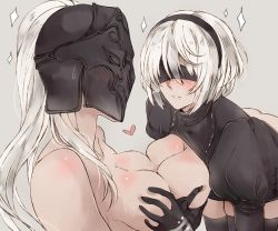Rule 34 | 2girls, android, artist name, ass, bare shoulders, black blindfold, black dress, black gloves, black hairband, black legwear, blindfold, blush, grabbing another&#039;s breast, breast press, breasts, breasts out, breasts squeezed together, butt crack, cleavage, cleavage cutout, clothing cutout, covered eyes, crossover, dark souls (series), dark souls i, dark souls iii, deep skin, drawing, dress, full-face blush, gloves, grabbing, groping, hairband, heart, helmet, juliet sleeves, large breasts, leaning forward, long hair, long sleeves, mask, medium breasts, mole, mole under mouth, mr-poritan, multiple girls, nier:automata, nier (series), nude, parted lips, pink lips, ponytail, puffy sleeves, short hair, sideboob, simple background, skindentation, smile, sparkle, squeezing, sweat, sweatdrop, symmetrical docking, thighhighs, topless frame, trait connection, visor, white hair, 2b (nier:automata), yuri, yuria of londor