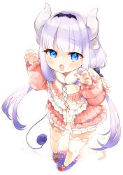 Rule 34 | 1girl, :o, bag, black bow, black hairband, blue eyes, blunt bangs, blush, bow, capelet, claw pose, dress, fang, female focus, full body, hair bow, hairband, hands up, kanna kamui, kobayashi-san chi no maidragon, leaning forward, long hair, looking at viewer, open mouth, parted lips, pink dress, purple hair, red footwear, shadow, shoes, solo, standing, thighhighs, utashima, very long hair, white capelet, white thighhighs