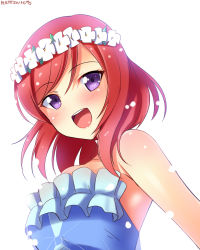Rule 34 | 10s, 1girl, :d, bare shoulders, blue dress, blush, breasts, dated, dress, frills, hair ornament, hair wreath, head wreath, highres, looking at viewer, love live!, love live! school idol project, medium breasts, nishikino maki, open mouth, pink hair, purple eyes, red hair, short hair, signature, simple background, smile, solo, white background, yu-ta, yume no tobira