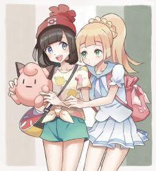Rule 34 | 2girls, :d, bag, beanie, black hair, blonde hair, blue eyes, blush, braid, character doll, clefairy, closed mouth, collarbone, commentary request, creatures (company), game freak, gen 1 pokemon, green eyes, hat, highres, holding, kazuru wa, lillie (pokemon), long hair, looking at another, medium hair, multiple girls, nintendo, open mouth, pleated skirt, pokemon, pokemon (creature), pokemon sm, red headwear, selene (pokemon), shirt, short sleeves, shorts, skirt, smile, teeth, tied shirt, tongue