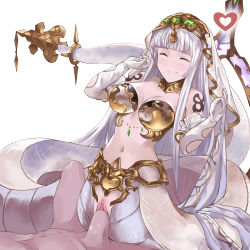 Rule 34 | 10s, 1boy, 1girl, armor, blush, breastplate, breasts, closed eyes, closed mouth, cow girl, crotchless, echidna (granblue fantasy), granblue fantasy, highres, iiros, long hair, lying, medium breasts, navel, on back, penis, pussy, sex, silver hair, smile, uncensored