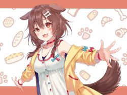 Rule 34 | 1girl, :3, animal ears, armpits, bare shoulders, blush, bone hair ornament, braid, breasts, brown eyes, brown hair, choker, cleavage, collarbone, dog ears, dog girl, dog tail, dress, fangs, fukahire (ruinon), hair between eyes, hair ornament, hololive, inugami korone, inugami korone (1st costume), jacket, large breasts, low twin braids, off-shoulder dress, off shoulder, open clothes, open jacket, open mouth, outstretched arms, red choker, simple background, sleeveless, sleeveless dress, smile, solo, tail, twin braids, virtual youtuber, white dress, wristband, yellow jacket