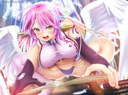 Rule 34 | 1girl, angel wings, artist name, blush, book, breasts, spiked halo, feathered wings, gloves, gradient hair, halo, ikemura hiroichi, jibril (no game no life), large breasts, long hair, low wings, magazine (object), magic circle, midriff, multicolored hair, navel, no game no life, open mouth, pink hair, sideboob, solo, tattoo, thighs, very long hair, white wings, wing ears, wings, yellow eyes