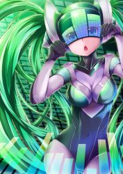 Rule 34 | 1girl, :o, artist name, blue eyes, bodysuit, breasts, caramelldansen, character name, chestnut mouth, covered navel, cowboy shot, dancing, dj, dj sona, dying0414, green hair, hands up, helmet, league of legends, long hair, looking at viewer, navel, open mouth, solo, sona (league of legends), turtleneck, twintails, very long hair, visor