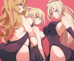 Rule 34 | 3girls, backless dress, backless outfit, blonde hair, blue eyes, breasts, commentary, cowboy shot, dress, elbow gloves, gloves, hair bun, iowa (kancolle), kantai collection, large breasts, long hair, mole, mole under eye, mole under mouth, multiple girls, no bra, panties, parted lips, ponytail, red background, richelieu (kancolle), salve (8947279), side slit, single hair bun, smile, star-shaped pupils, star (symbol), symbol-shaped pupils, underwear, very long hair, warspite (kancolle)