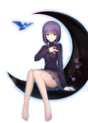 Rule 34 | 1girl, arm support, barefoot, bead necklace, beads, bird, black shirt, black skirt, breasts, crescent, full body, gekka nanako, hand on own chest, highres, jewelry, kuonji alice, long sleeves, looking at viewer, mahou tsukai no yoru, medium breasts, necklace, on crescent, parted lips, print skirt, purple eyes, purple hair, shirt, short hair, sitting, skirt, solo, turtleneck
