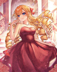 Rule 34 | 1girl, absurdres, artist name, bare arms, bare shoulders, blonde hair, blue eyes, blurry, blurry background, blush, bow, breasts, claire francois, closed mouth, commentary request, dress, drill hair, earrings, falling petals, fingernails, floating hair, floral print, flower, hair bow, hand up, highres, indoors, jewelry, light rays, long fingernails, long hair, medium breasts, misumiyui41, necklace, petals, red bow, red dress, red flower, red rose, rose, rose print, smile, solo, stairs, strapless, strapless dress, sunbeam, sunlight, turning head, very long hair, watashi no oshi wa akuyaku reijou, watermark