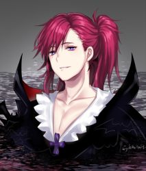 Rule 34 | 1boy, blush, collarbone, cookie run, eyebrows, fangs, hair over one eye, humanization, k (shinya90), long hair, looking at viewer, looking down, male focus, open mouth, personification, purple eyes, red hair, solo, teeth, upper body, vampire, vampire cookie, white background