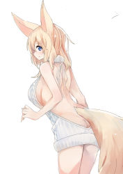 Rule 34 | 1girl, animal ears, ass, back, backless dress, backless outfit, bare back, bare shoulders, blonde hair, blue eyes, breasts, butt crack, cowboy shot, dress, female focus, fox ears, fox tail, from behind, grey dress, halterneck, hand up, large breasts, long hair, looking at viewer, looking back, meme attire, naked sweater, no bra, no panties, original, ribbed sweater, sideboob, simple background, solo, sweater, sweater dress, tail, turtleneck, turtleneck sweater, virgin killer sweater, waichi2424, white background