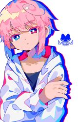 Rule 34 | 1boy, absurdres, black shirt, blue eyes, bright pupils, colored eyelashes, commentary request, hand on own arm, head tilt, heterochromia, highres, hood, hood down, hoodie, long sleeves, looking at viewer, male focus, original, parted lips, pink eyes, pink hair, raito-kun (uenomigi), shirt, short hair, simple background, solo, uenomigi, upper body, white background, white hoodie, white pupils