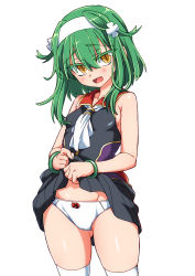 Rule 34 | 1girl, bangle, bare shoulders, black skirt, blush, bow, bow panties, bracelet, breasts, character request, clothes lift, fang, gluteal fold, green hair, hair between eyes, hairband, head tilt, highres, jewelry, lifted by self, looking at viewer, medium hair, miniskirt, neckerchief, no bra, open mouth, panties, pleated skirt, red sailor collar, sailor collar, shinrabanshou, shirt, sideboob, simple background, skirt, skirt lift, sleeveless, sleeveless shirt, slit pupils, small breasts, solo, thighhighs, unazuki (sima hitsuji), underwear, white background, white hairband, white neckerchief, white panties, white thighhighs, yellow eyes