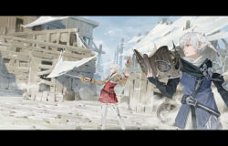 Rule 34 | 1boy, 1girl, absurdres, ahoge, alisaie leveilleur, alphinaud leveilleur, armor, black gloves, blue coat, book, boots, brother and sister, brown jacket, coat, cowboy shot, cropped jacket, dress, feet out of frame, fighting stance, final fantasy, final fantasy xiv, fingerless gloves, fur trim, gloves, grey eyes, grey hair, grimoire, hair between eyes, highres, holding, holding book, holding sword, holding weapon, jacket, letterboxed, long sleeves, looking to the side, outdoors, parted lips, pointy ears, ponytail, red dress, scarf, short hair with long locks, shoulder armor, siblings, sword, thigh boots, thighhighs, village, weapon, white footwear, white scarf, yusheng, zettai ryouiki