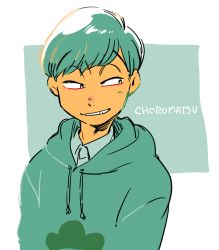 Rule 34 | 10s, 1boy, character name, green hair, hood, hoodie, layered clothes, light smile, looking to the side, male focus, matsuno choromatsu, mosodon, osomatsu-kun, osomatsu-san, osomatsu (series), short hair, smile, solo, swept bangs, upper body