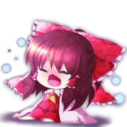 Rule 34 | 1girl, bow, chibi, crying, fang, female focus, full body, gradient background, hair bow, hair ornament, hakurei reimu, japanese clothes, miko, open mouth, sitting, solo, tears, touhou, white background, yuya (night lily)