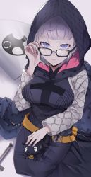 Rule 34 | 1girl, absurdres, black-framed eyewear, black dress, blue eyes, dress, fate/grand order, fate (series), glasses, grey hair, highres, hooded dress, jacques de molay (foreigner) (fate), kubomi 943, lamb, long sleeves, looking at viewer, seiza, sheep, shield, short hair, simple background, sitting, smile, sword, weapon