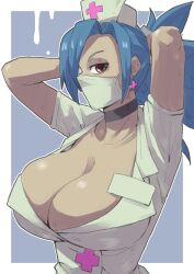 Rule 34 | 1girl, arms behind head, arms up, blue background, blue hair, border, breasts, choker, cleavage, collarbone, earrings, eyepatch, hair over one eye, half-closed eyes, hat, highres, huge breasts, jewelry, looking at viewer, mask, mouth mask, nurse cap, otu 025, ponytail, red eyes, skullgirls, solo, surgical mask, upper body, valentine (skullgirls), white border