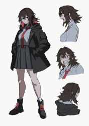 Rule 34 | 1girl, black footwear, black hair, black jacket, black skirt, breasts, clenched teeth, closed mouth, collared shirt, full body, grey background, hair between eyes, hands in pockets, highres, jacket, large breasts, long sleeves, looking at viewer, multicolored hair, multiple views, necktie, open clothes, open jacket, open mouth, original, pleated skirt, red hair, red necktie, shirt, shoes, simple background, skirt, socks, standing, sweat, teeth, toxic ghost, white shirt, white socks