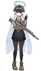 Rule 34 | 1girl, alternate costume, black gloves, black pantyhose, black skirt, blue archive, blush, brown footwear, brown hat, clov3r, collared shirt, full body, gloves, grey gloves, grey hair, gun, halo, hat, highres, holding, holding gun, holding weapon, long hair, long sleeves, looking at viewer, mechanical halo, noa (blue archive), open mouth, pantyhose, pleated skirt, purple eyes, shirt, shoes, simple background, skirt, solo, two-tone gloves, weapon, white background, white shirt