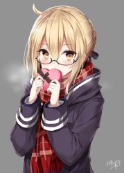 Rule 34 | 1girl, ahoge, artist name, artoria pendragon (all), artoria pendragon (fate), black-framed eyewear, black bow, black coat, blonde hair, blush, bow, box, brown bow, coat, commentary request, covering own mouth, fate/grand order, fate (series), fringe trim, gift, glasses, grey background, hair between eyes, hair bow, heart-shaped box, highres, holding, holding gift, hood, hood down, hooded coat, long sleeves, looking at viewer, mysterious heroine x alter (fate), mysterious heroine x alter (first ascension) (fate), plaid, plaid scarf, red scarf, saber (fate), scarf, semi-rimless eyewear, signature, simple background, sleeve cuffs, solo, takehana note, under-rim eyewear, upper body, valentine, yellow eyes