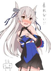 Rule 34 | 1girl, amatsukaze (kancolle), blush, breasts, commentary request, cosplay, covering privates, covering breasts, dress, garter belt, johnston (kancolle), johnston (kancolle) (cosplay), kantai collection, long hair, looking away, open mouth, rensouhou-kun, sailor dress, silver hair, simple background, small breasts, solo, takanashi kei (hitsujikan), tears, translation request, white background, yellow eyes