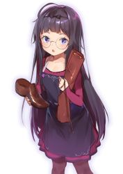 Rule 34 | 1girl, :o, ahoge, apron, black apron, black bow, black hair, blue eyes, bow, brown footwear, brown pantyhose, collarbone, commission, dress, glasses, hair bow, holding, long hair, long sleeves, looking at viewer, open mouth, original, pantyhose, purple dress, round eyewear, shindou kamichi, shoes, simple background, skeb commission, sleeves past wrists, solo, standing, very long hair, white background