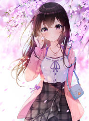 Rule 34 | 1girl, absurdres, black skirt, blue bag, breasts, brown hair, check copyright, cherry blossoms, collarbone, commentary request, copyright request, hair between eyes, highres, jacket, jewelry, lebring, long hair, looking at viewer, necklace, original, pink jacket, shirt, skirt, small breasts, smile, solo, white shirt
