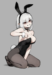 Rule 34 | 1girl, absurdres, animal ears, arm support, black choker, black footwear, black hairband, black leotard, breasts, choker, cleavage, commentary, fake animal ears, fake tail, full body, gogalking, grey background, grey pantyhose, grin, hair between eyes, hairband, hand on own chest, highres, large breasts, leotard, looking at viewer, medium hair, original, pantyhose, playboy bunny, pointy ears, rabbit ears, rabbit tail, red eyes, sandals, seiza, simple background, sitting, smile, solo, tail, vampire&#039;s sister (gogalking), white hair, wrist cuffs