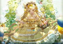 Rule 34 | 1girl, balloon, basket, blush, bow, braid, bug, butterfly, detached sleeves, dress, flower, frilled dress, frilled sleeves, frills, hair bow, hair ornament, hairband, holding, insect, lolita fashion, lolita hairband, long hair, looking at viewer, original, parted lips, pink flower, pink rose, print dress, rose, sample watermark, scepter, side braid, soap bubbles, solo, striped, striped bow, tassel, very long hair, watermark, wreath, yellow bow, yellow dress, yellow eyes, yuzhi