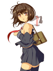 Rule 34 | 1girl, bare shoulders, breasts, brown eyes, brown hair, colorized, fukunaga kazuhiro, short hair, simple background, skirt, solo, thighhighs, white background