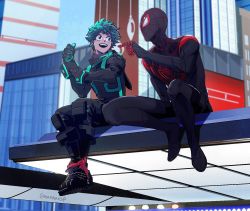 Rule 34 | 2boys, :d, black bodysuit, blue sky, bodysuit, boku no hero academia, boku no hero academia: world heroes&#039; mission, building, city, commentary request, crossover, day, gauntlets, gloves, green eyes, green hair, highres, maemaesp, male focus, marvel, mask, midoriya izuku, miles morales, multiple boys, open mouth, outdoors, pointing, sitting, sky, smile, spider-man (miles morales), spider-man (series), spider-verse, superhero costume, trait connection, urban