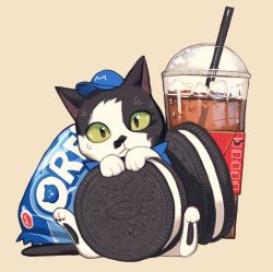 Rule 34 | black eyes, blue hat, brown background, cat, colored sclera, cookie, drink, drinking straw, food, full body, green sclera, hat, highres, no humans, oreo, original, rinotuna, simple background, sitting, solo