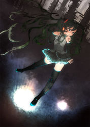 Rule 34 | 1girl, boots, detached sleeves, feral lemma, green hair, hatsune miku, headset, highres, long hair, necktie, skirt, solo, thigh boots, thighhighs, twintails, very long hair, vocaloid
