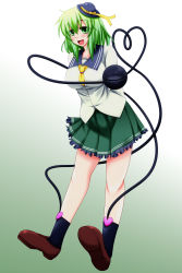 Rule 34 | 1girl, :d, absurdres, aged up, ascot, black socks, breasts, brown footwear, frilled skirt, frills, gradient background, green eyes, green hair, green skirt, hat, heart, heart of string, highres, komeiji koishi, large breasts, looking at viewer, mini hat, miniskirt, open mouth, parmiria, pleated skirt, ribbon, school uniform, shoes, short hair, skirt, smile, socks, third eye, touhou, yellow ascot, yellow ribbon