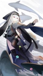 Rule 34 | 1girl, arknights, belt boots, black dress, black footwear, black thighhighs, boots, chinese commentary, cigarette p, commentary request, dress, garter straps, habit, hands up, highres, jellyfish, jewelry, long hair, long sleeves, looking away, necklace, nun, open mouth, red eyes, shark, silver hair, solo, specter (arknights), thigh strap, thighhighs, torn clothes, torn dress, weibo watermark