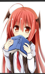 Rule 34 | 1girl, ahoge, book, brown eyes, covered mouth, head wings, holding, holding book, koakuma, letterboxed, long hair, pointy ears, red hair, touhou, very long hair, wings, yuuhagi (amaretto-no-natsu)