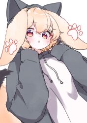 Rule 34 | 1girl, animal costume, animal ears, blonde hair, blush, cat costume, drawstring, fox ears, fox girl, fox tail, hands up, highres, hood, hood up, large ears, megateru, original, paw print, red eyes, short hair, sleeves past wrists, tail, triangle mouth, upper body