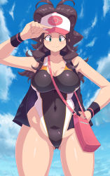 Rule 34 | 1girl, adjusting clothes, adjusting headwear, bare shoulders, baseball cap, black one-piece swimsuit, blue eyes, breasts, brown hair, cleavage, closed mouth, collarbone, competition swimsuit, covered navel, cowboy shot, creatures (company), curvy, female focus, game freak, gluteal fold, hat, highleg, highleg swimsuit, highres, hilda (pokemon), kihaiu, large breasts, long hair, nintendo, one-piece swimsuit, pokemon, pokemon bw, sidelocks, sky, smile, solo, swimsuit, thighs, vest, wide hips, wristband